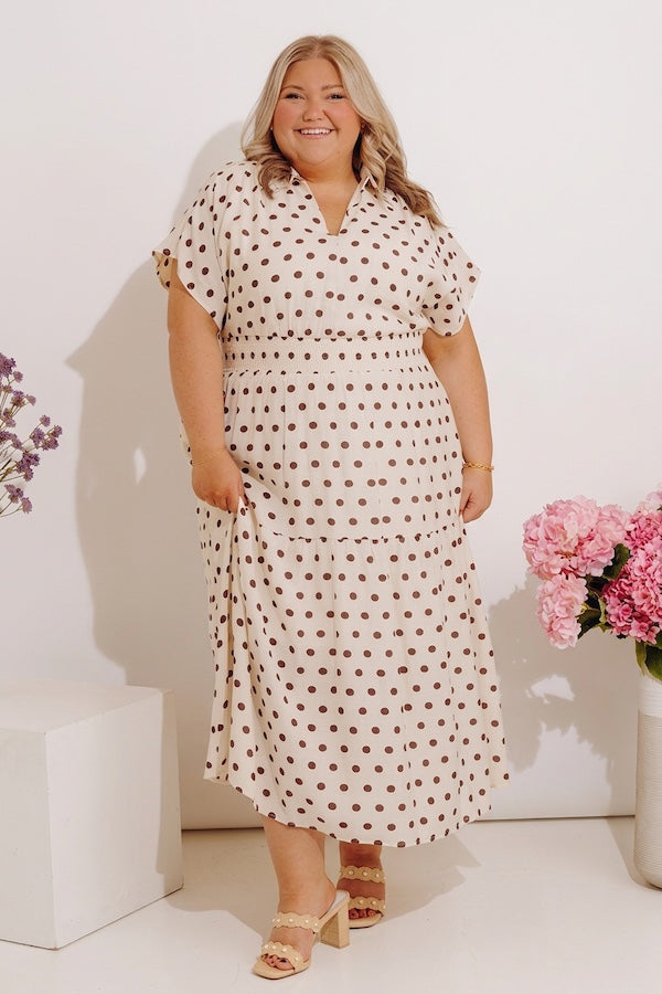 Sweet Spotlight Polka Dot Midi Dress in Cream Curves