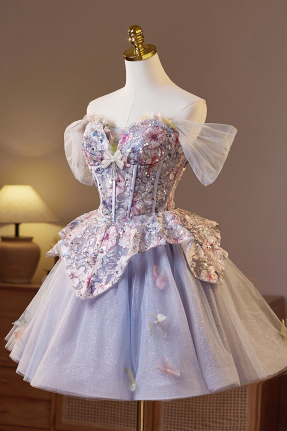 Off the Shoulder Purple Embroidery A-line Short Ball Gown