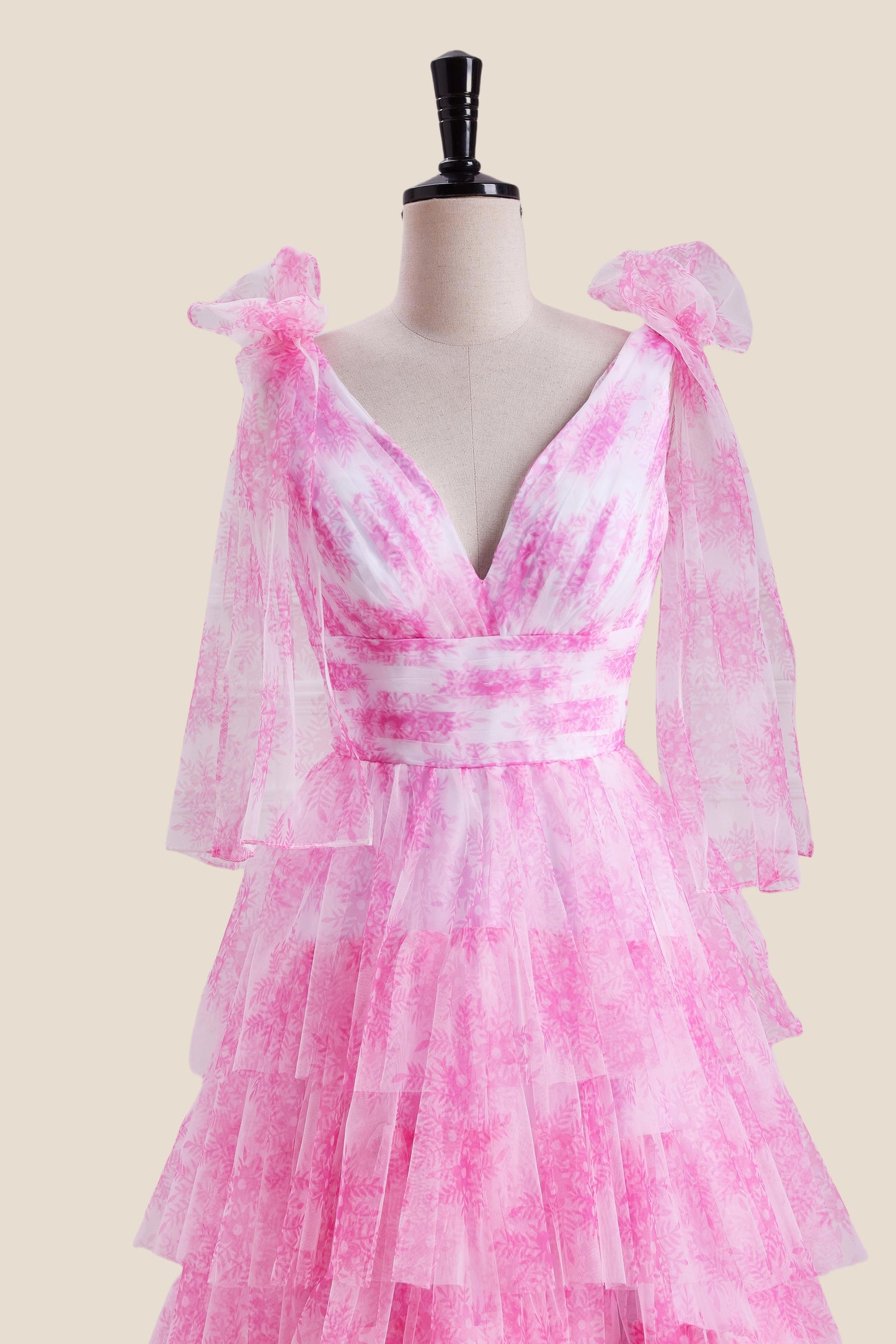 Bow Tie Pink Floral Print Tiered Long Dress