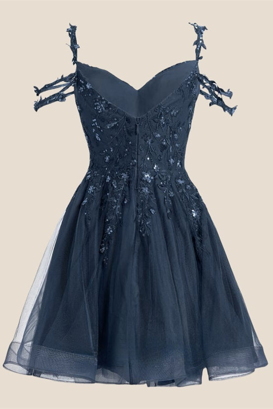 Cold Shoulder Navy Blue Sequin Short Dress