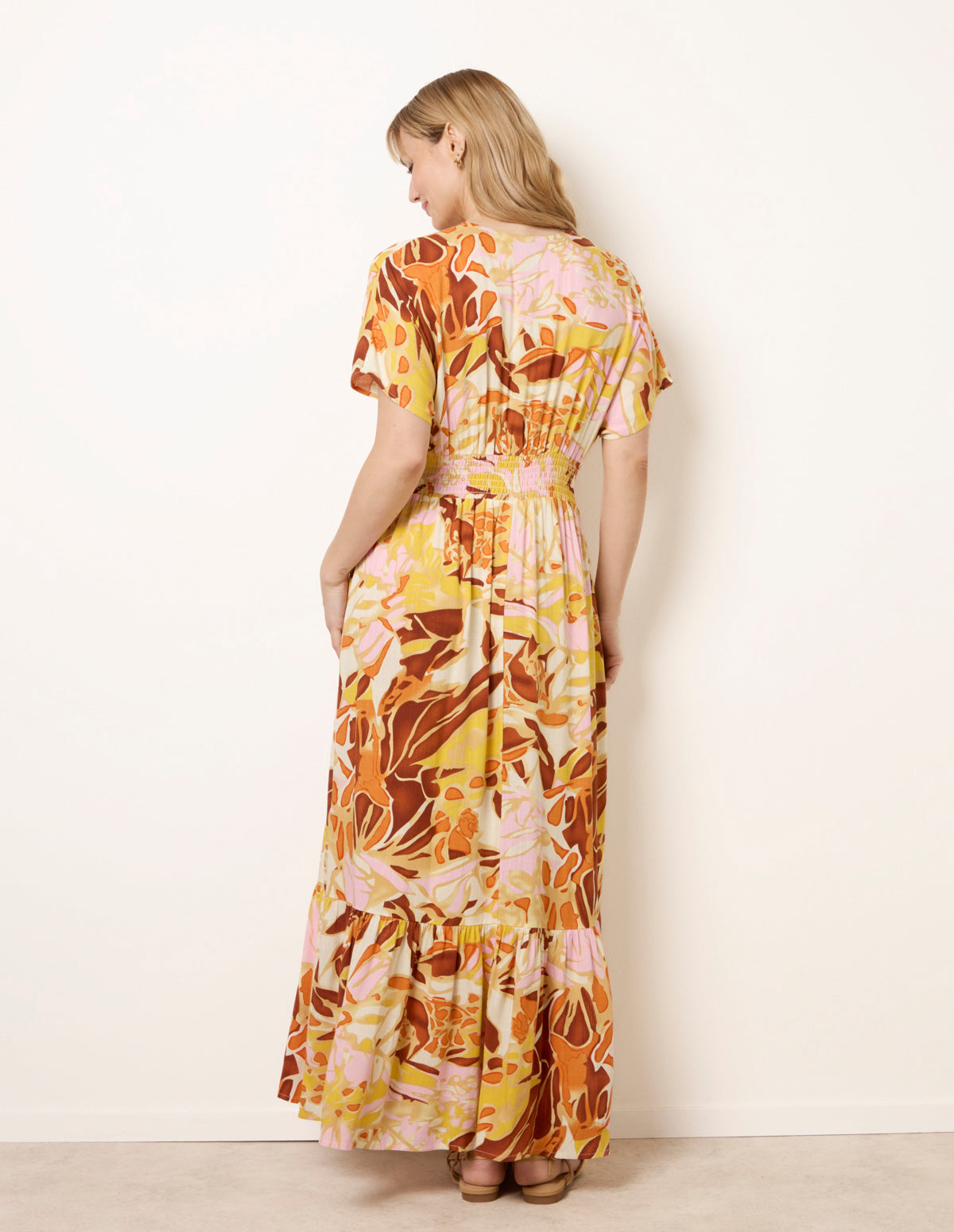 Tropical V Front Shirred Waist Maxi Dress