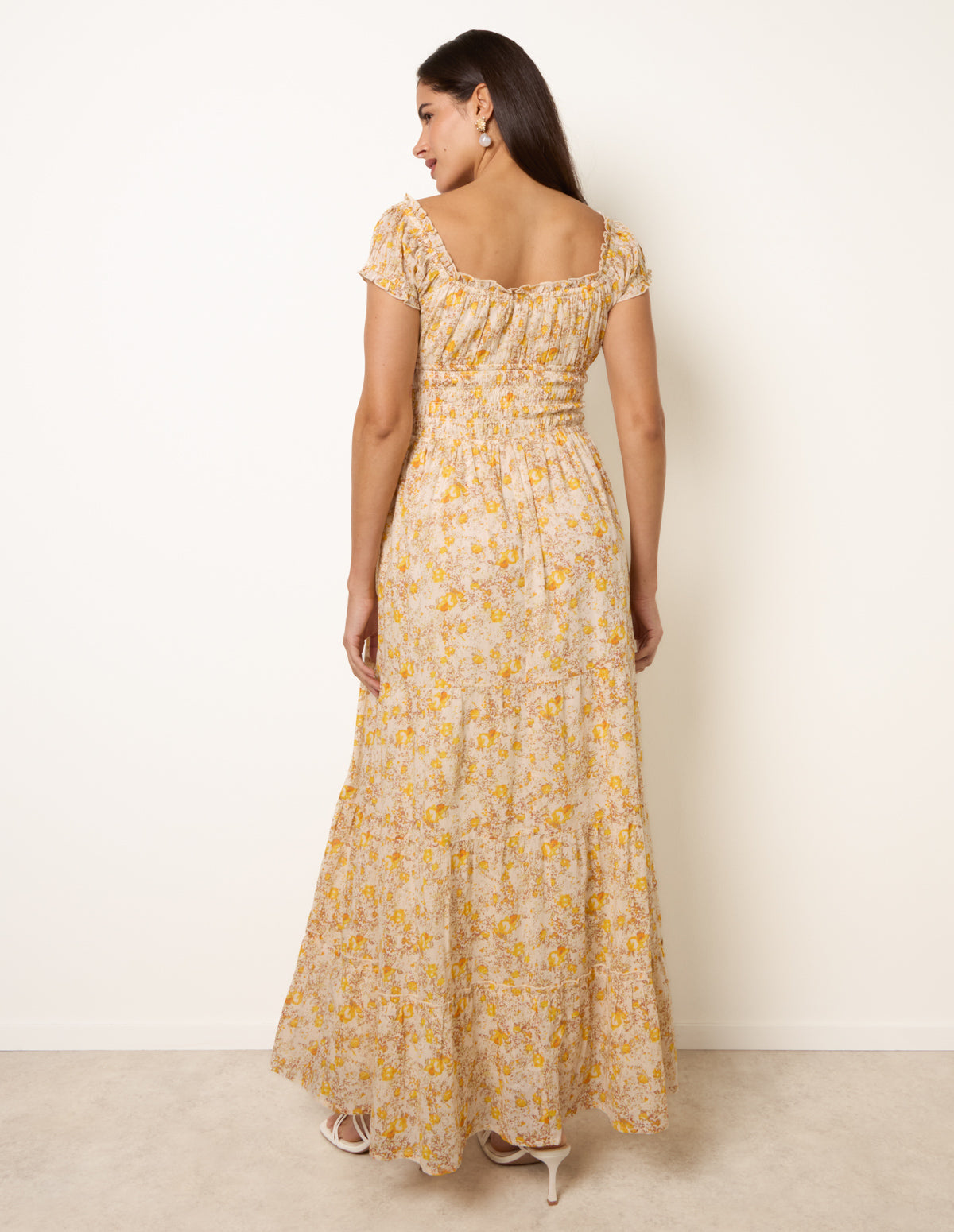 Double Front Tie Shirred Ditsy Floral Maxi Dress