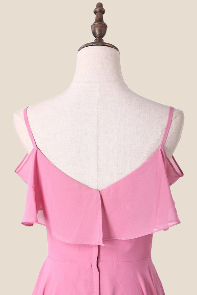 Cold Shoulders Pink Chiffon Ruffles A-line Bridesmaid Dress