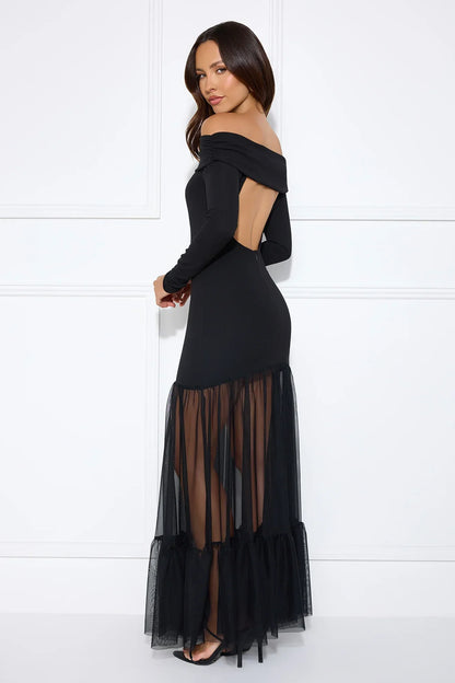 Captivating Gaze Off Shoulder Maxi Dress Black