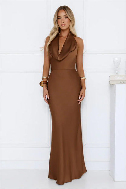 Cherry Whirl Satin Halter Maxi Dress Brown
