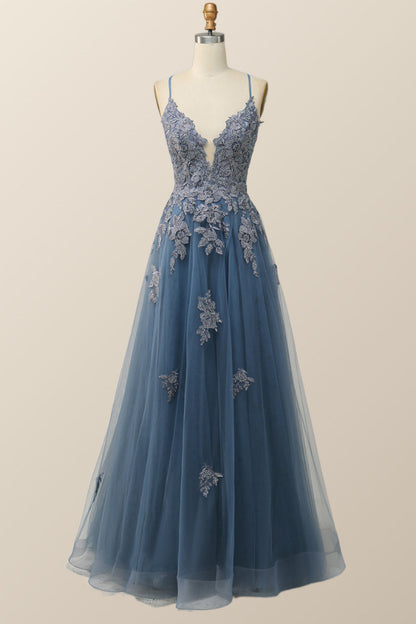 Blue V Neck Appliques Long Formal Dress