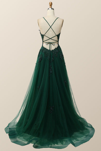 Blue V Neck Appliques Long Formal Dress
