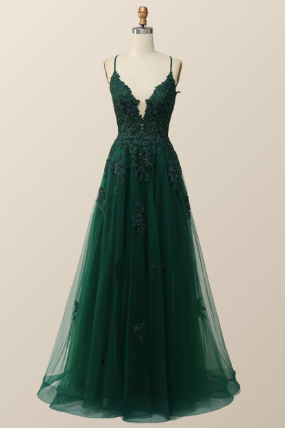 Blue V Neck Appliques Long Formal Dress