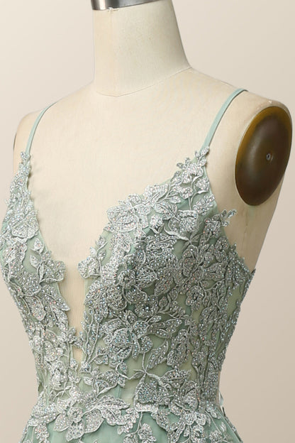 Blue V Neck Appliques Long Formal Dress