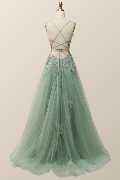 Blue V Neck Appliques Long Formal Dress