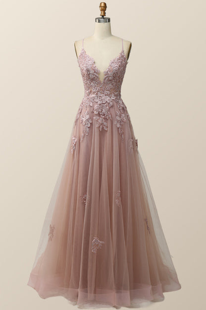 Blue V Neck Appliques Long Formal Dress