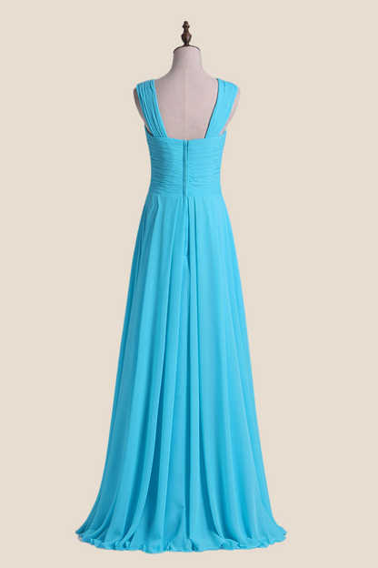 Cross V Neck Blue Chiffon Long Bridesmaid Dress