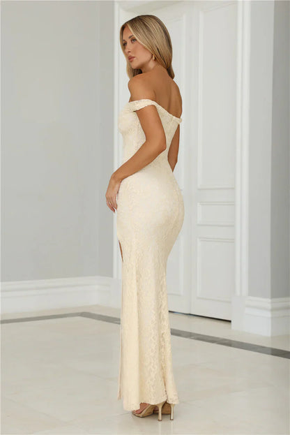Cherished Off Shoulder Lace Maxi Dress Lemon