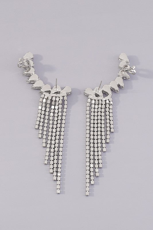 Shiny Silver Rhinestone Long Fringe Drop Earrings