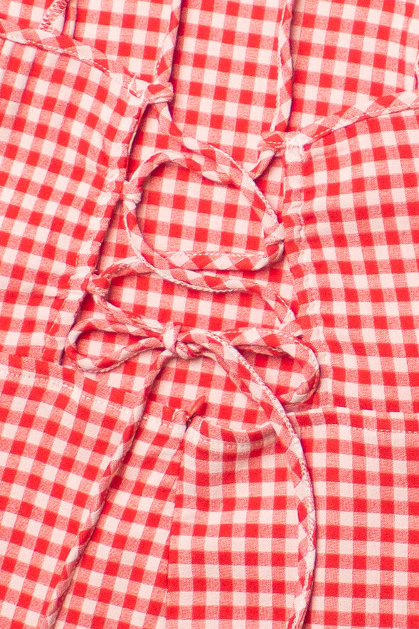 Red Gingham Lace Up Back Mini Dress
