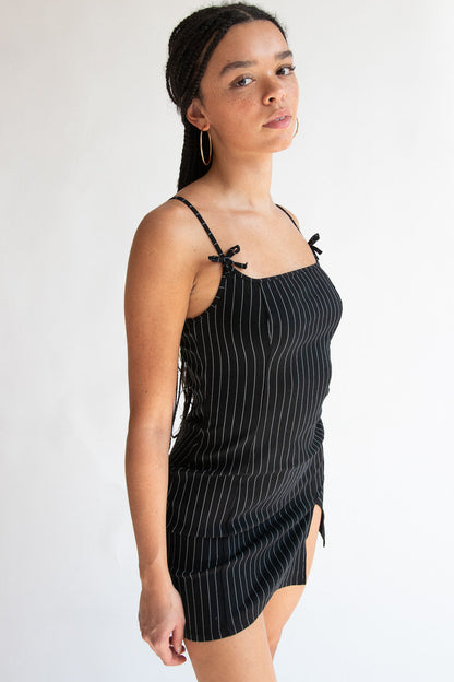 Pinstripe Bow Mini Dress