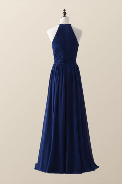 Halter Burgundy Pleated Long Bridesmaid Dress
