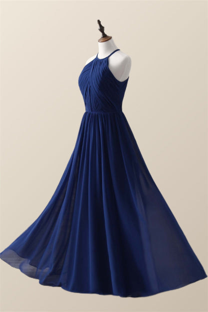 Halter Burgundy Pleated Long Bridesmaid Dress