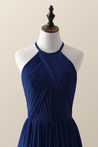 Halter Burgundy Pleated Long Bridesmaid Dress