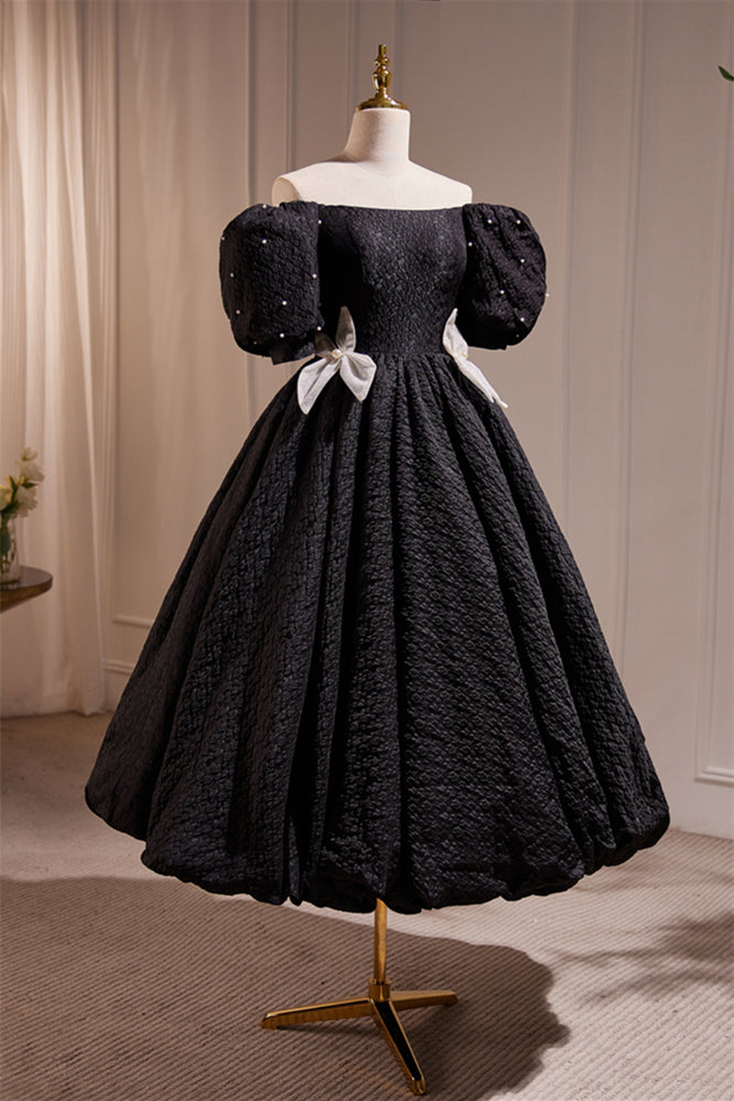 Off the Shoulder Black Tea Length Party Dress