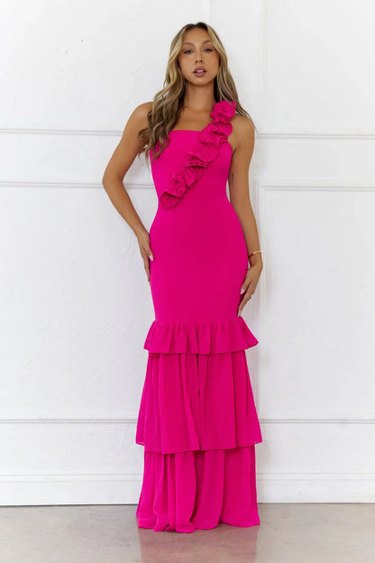 Blooming In Summer One Shoulder Maxi Dress Pink