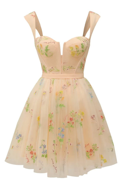 Green Floral A-line Short Princess Dress with Square Neck