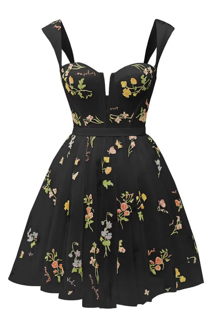 Green Floral A-line Short Princess Dress with Square Neck