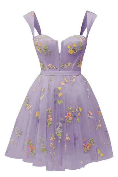 Green Floral A-line Short Princess Dress with Square Neck