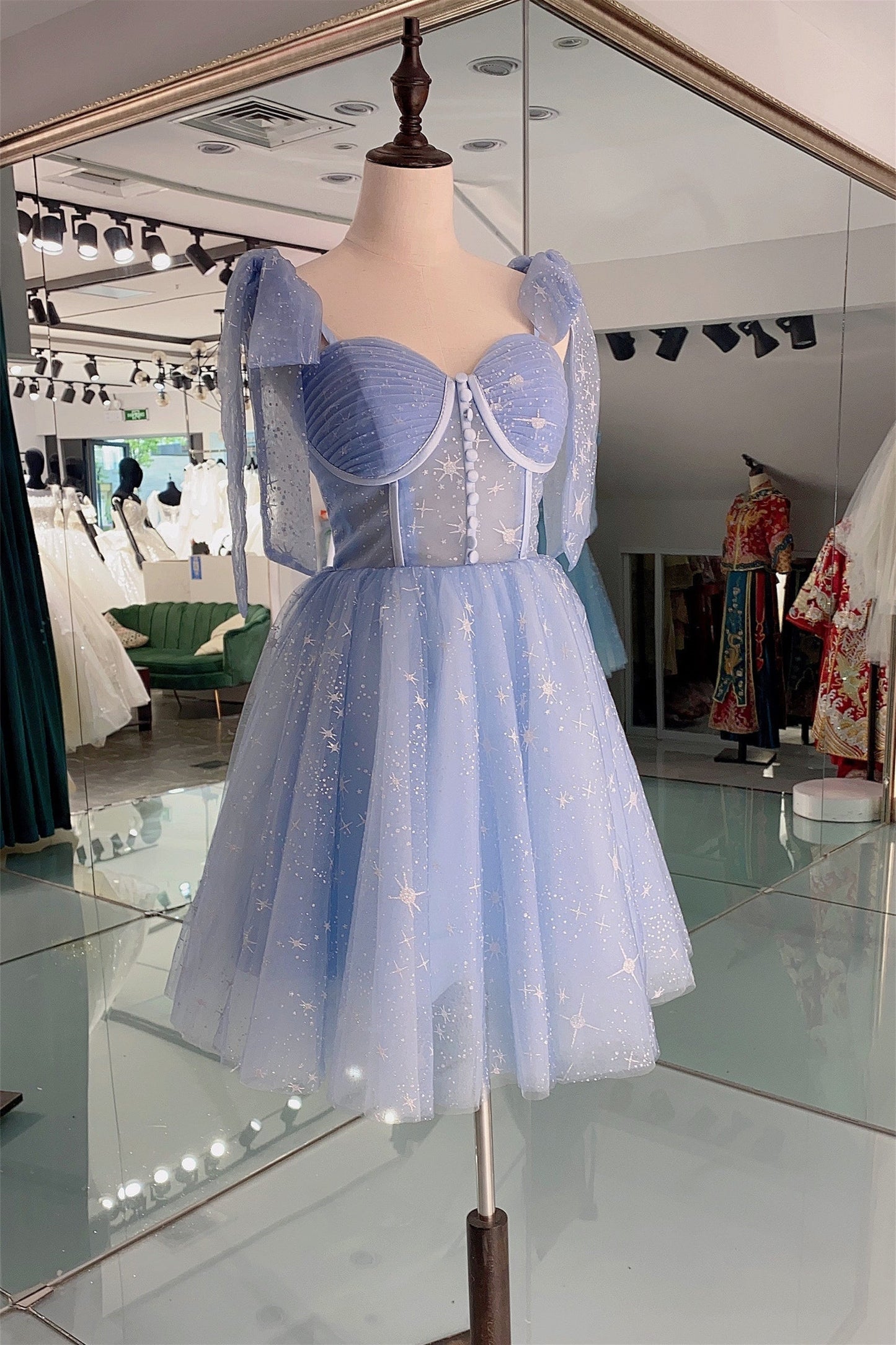 Blue Starry Corset Midi Dress with Buttons