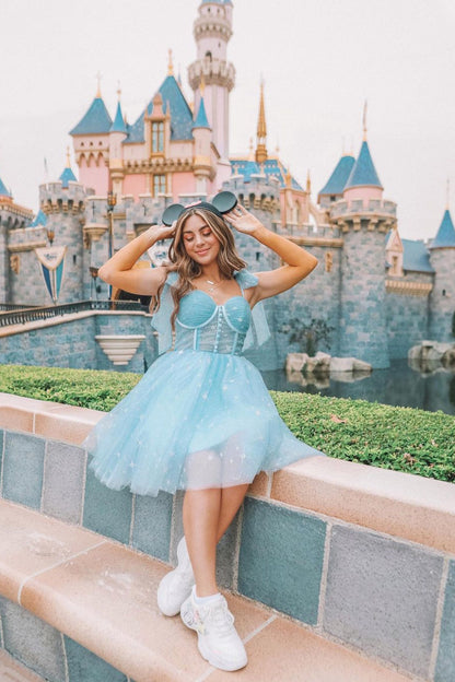Blue Starry Corset Midi Dress with Buttons