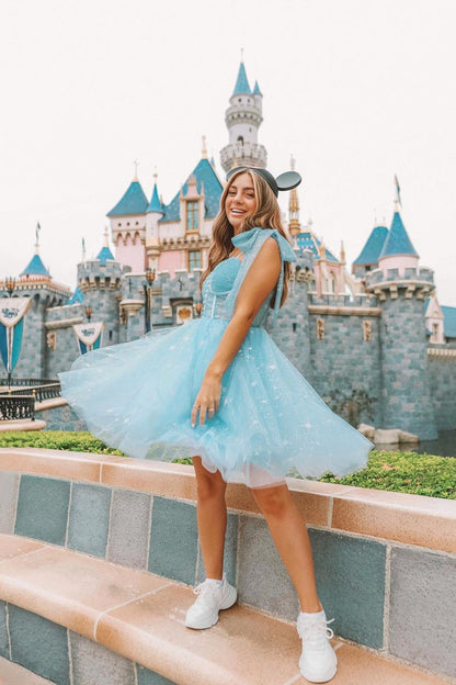 Blue Starry Corset Midi Dress with Buttons