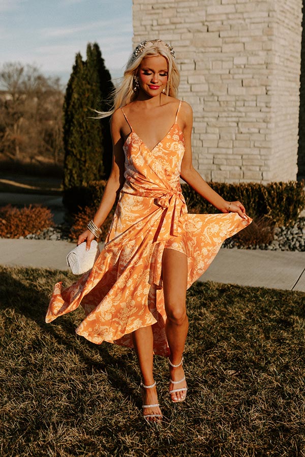 Dance And Sway Satin Wrap Dress in Orange