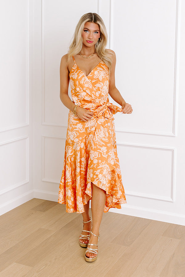 Dance And Sway Satin Wrap Dress in Orange