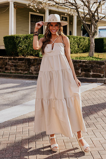 Modern Muse Poplin Tiered Maxi Dress in Iced Latte