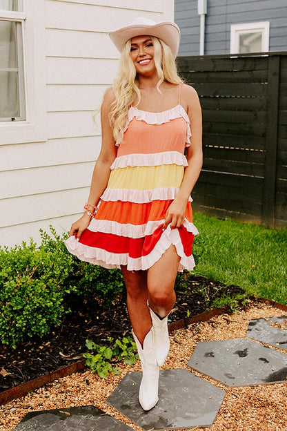 Smiling Ear To Ear Tiered Mini Dress In Peach