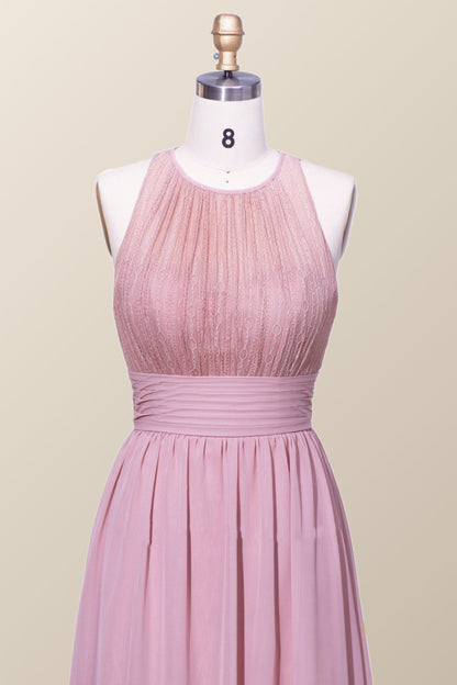 Halter Blush Pink Chiffon A-line Long Bridesmaid Dress