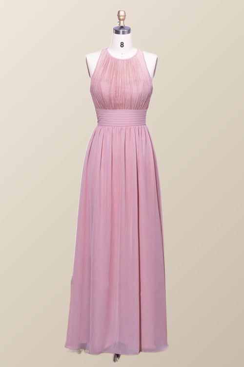 Halter Blush Pink Chiffon A-line Long Bridesmaid Dress