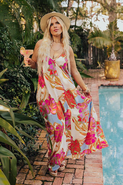 Sandy Shore Floral Maxi Dress In Cream Curves