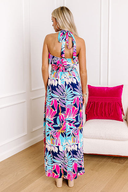 Palm Tree Oasis Halter Maxi Dress