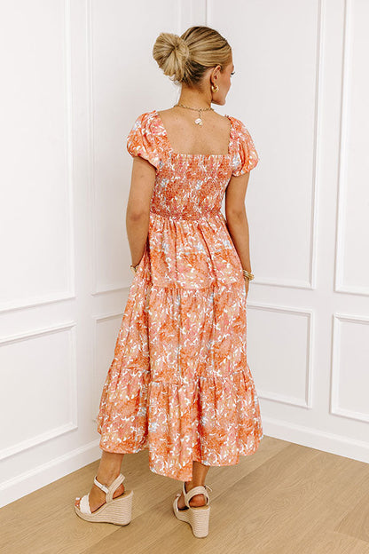 Vineyard Bound Smocked Midi in Orange