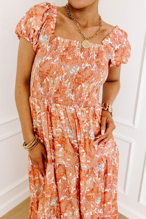 Vineyard Bound Smocked Midi in Orange