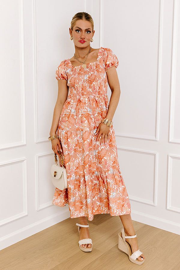 Vineyard Bound Smocked Midi in Orange