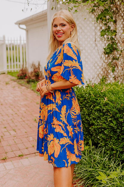 Cruise Trip Ready Floral Mini Dress in Royal Blue Curves