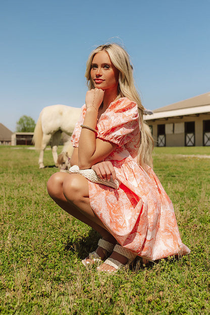 Cheerful Charm Jacquard Mini Dress in Coral