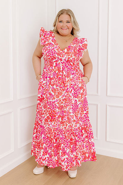 Romance In France Floral Maxi Dress in Red Curves