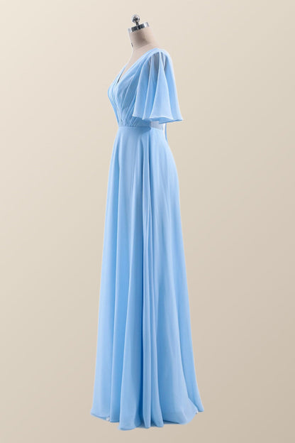 Flare Sleeves Blue Chiffon A-line Long Bridesmaid Dress