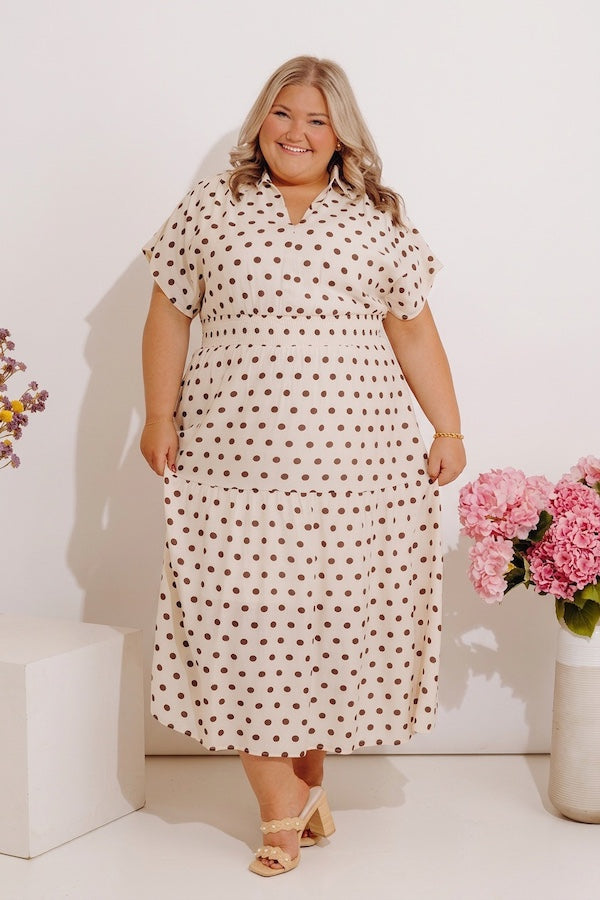 Sweet Spotlight Polka Dot Midi Dress in Cream Curves