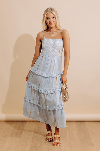 Darling Details Floral Embroidered Tiered Midi Dress