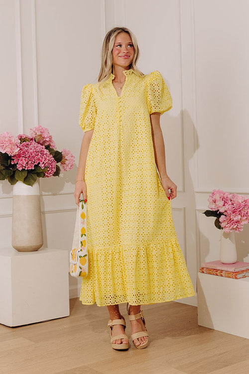 Easy Grace Eyelet Midi Dress in Yellow