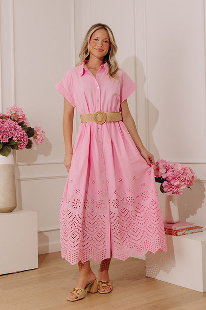 Classic Moment Eyelet Midi Dress in Pink